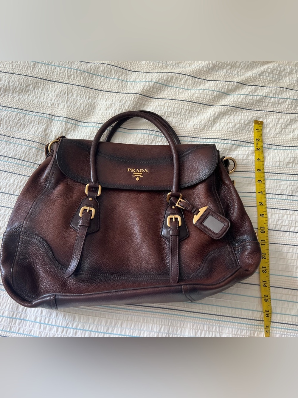 Prada Brown Pebbled Leather Top-Handle/Shoulder Bag/Tote with Gold Hardware - Picture 10 of 16